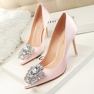 516-5 Han edition diamond shoes high heel with sexy thin shallow pointed mouth shining diamond buckle shoes