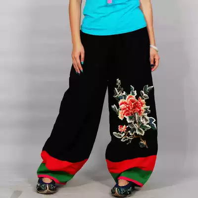 New women's pants National style women's pants original contrast embroidered peony flower embroidered beads bloomers casual women's pants
