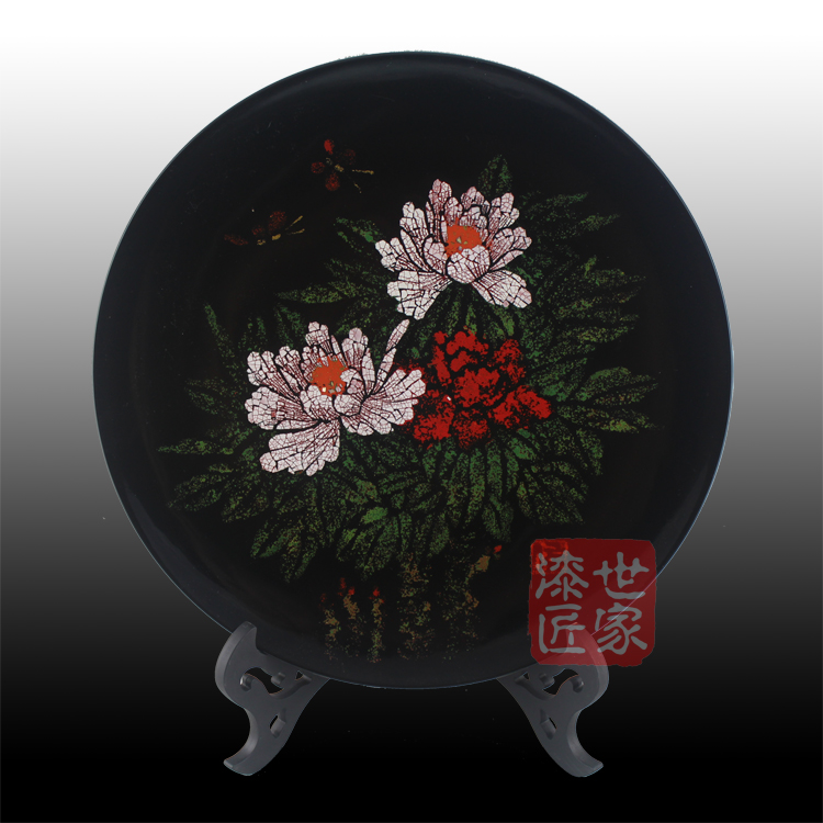 Fuzhou de-tire lacquer set plate Fuzhou Sanbao characteristic craft gift eggshell inlaid lacquer painting - peony