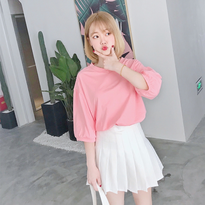 Pink short-sleeved T-shirt women's ulzzang2022 summer Korean version is thin all-match loose V-neck solid color half-sleeve top