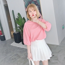 Womens Pink Short Sleeve T-Shirt Ulzzang 2022 Summer Korean Style Slim V-Neck Loose Solid Half Sleeve Top