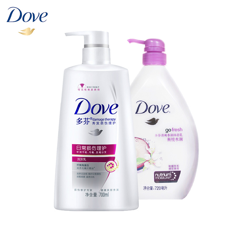 dove多芬日常损伤洗发乳700ml+ 衡悦水润沐浴乳720ml套装家庭装