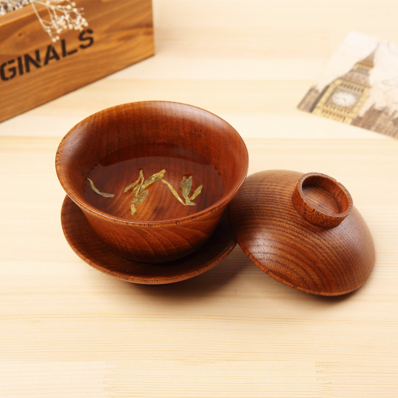 Japanese-style solid wood log tea cup, tea cup, tea bowl and tea bowl with a three-piece kungfu tea set, wooden tea bowl with a tea cover