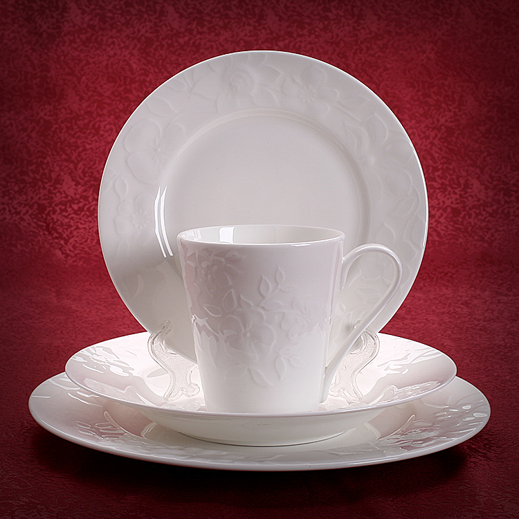 Relief Cutlery Set Group Tangshan Pure White High-end Bone Porcelain Western Dining Flat Tray Soup Pan Cup Light Transmission Day Style Ceramic