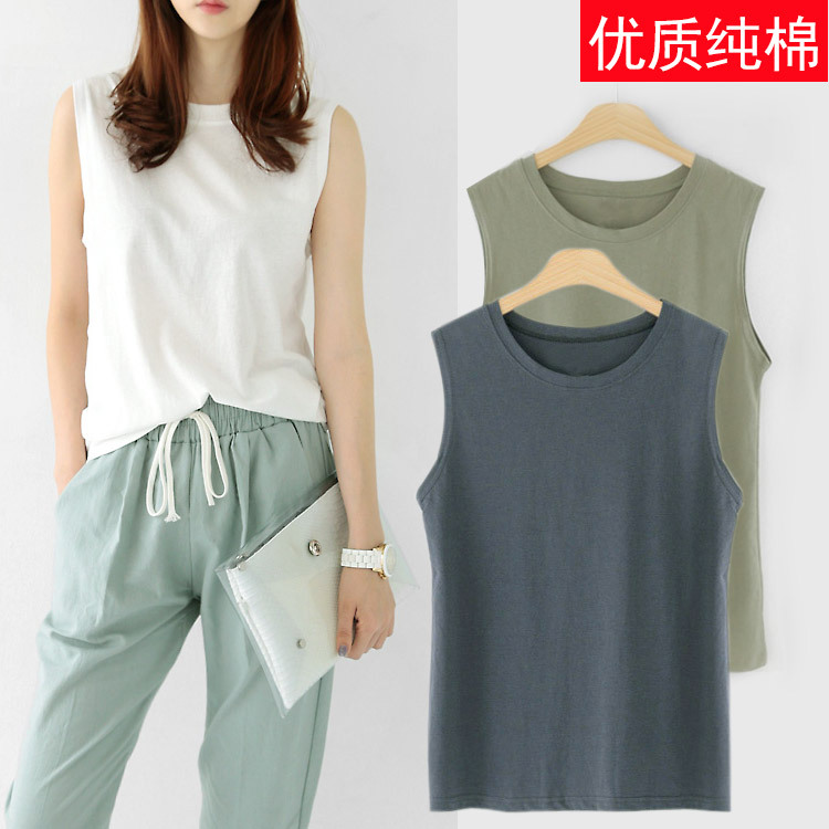 Korean Style Spring and Summer Round Neck Loose Sleeveless Vest T-Shirt for Women, Mid-Length Outerwear, Pure Cotton Base Layer Top