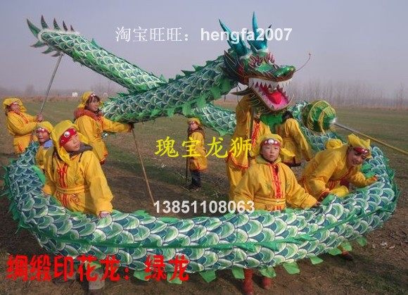 Treasures Dragon Lion Factory Professional Production Dragon Dance Lion Dragon Lantern Social Fire Props: Silk Satin Printed Bronn Green Dragon Green Dragon