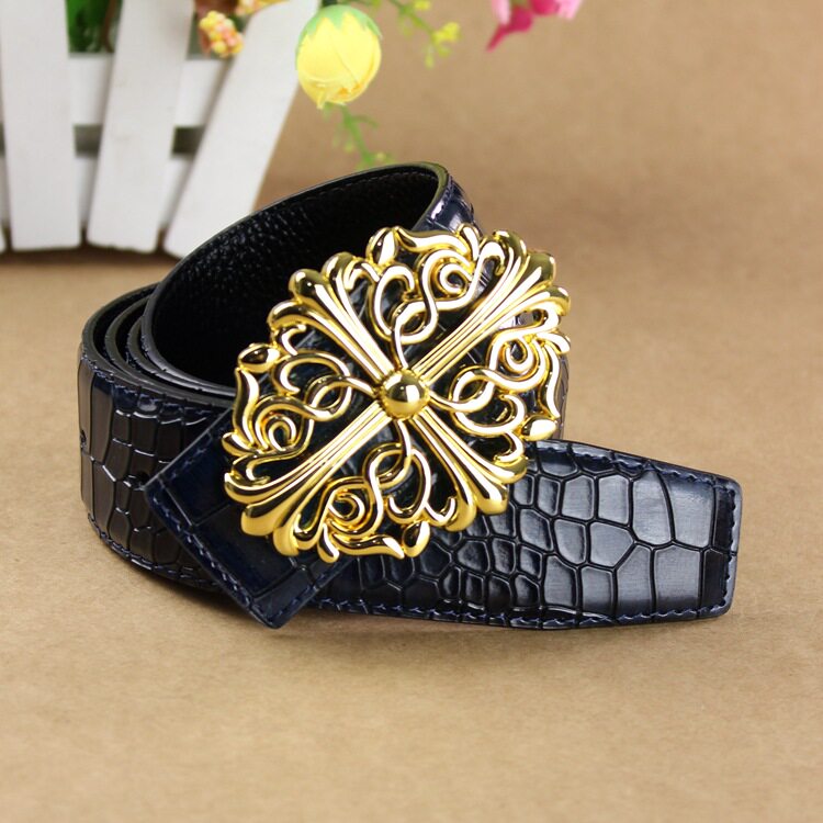 Korean version for men's human head buttoned genuine leather male belt round head crocodile tattoo leather strap individuality and hairdresser cool love