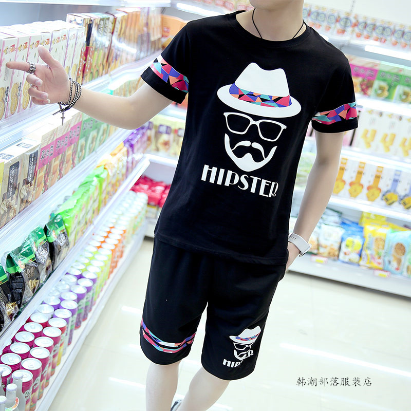 夏天男式短袖t恤衫运动套装夏季夏装 韩版潮流休闲衣服一套男装薄