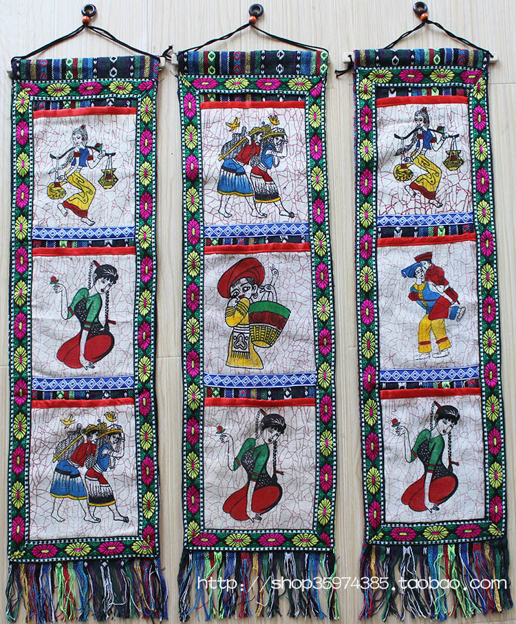 Yunnan Ethnic Characteristics Embroidered Letter Bag of Wax Dyeing And Painting Hanging Decoration Letter Inserts Small Objects Storage Collection Bag Wall-mounted 25 * 85 
