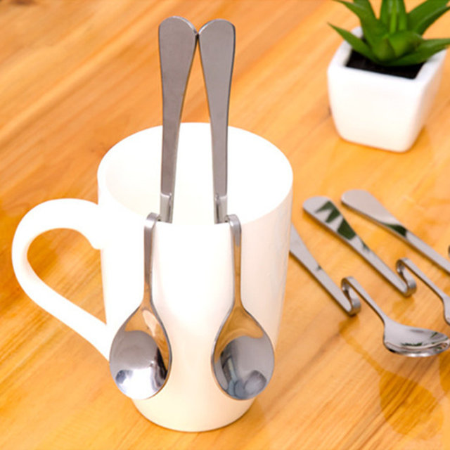 High-End Stainless Steel Curved Hanging Coffee Spoon, Cartoon Creative Personality Milk Tea Spoon, S-Shaped Cup-Hanging Curved Spoon