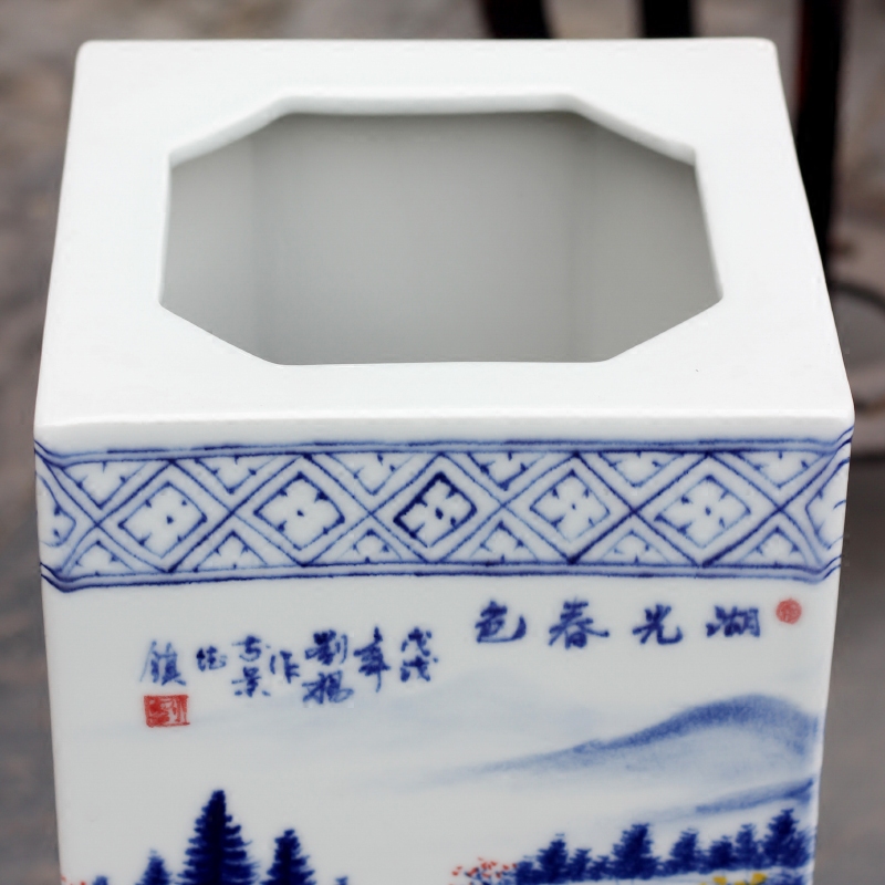 Hand - made lake spring scenery square bottle of blue and white porcelain of jingdezhen ceramic home sitting room of Chinese style furnishing articles study adornment