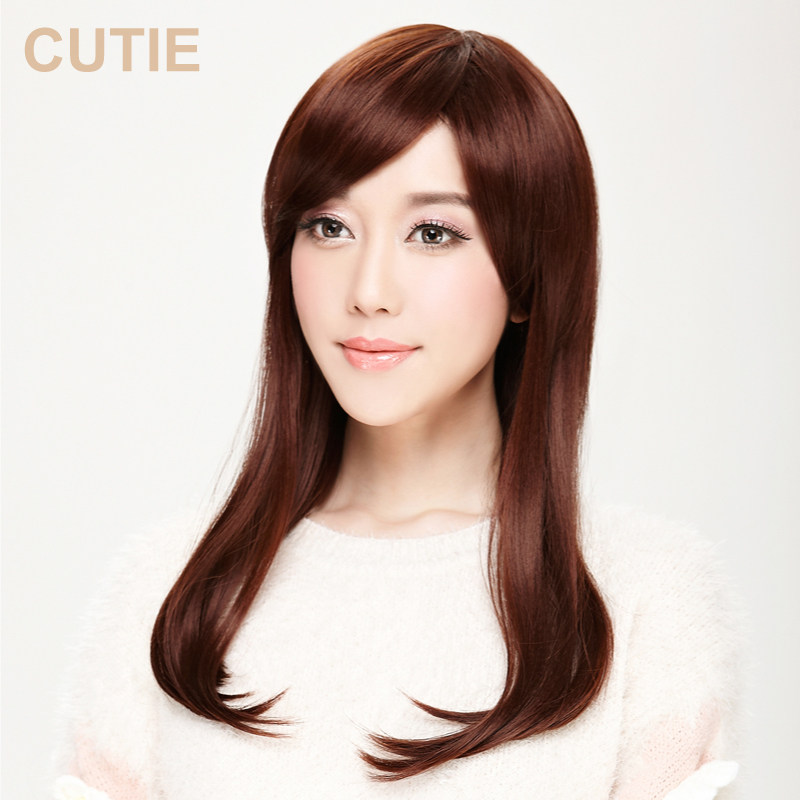 Jiao Di Di wigs, women's medium long straight hair, oblique bangs, fluffy wigs, black long straight hair wigs, women's