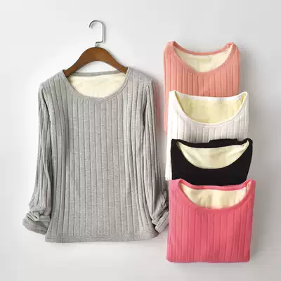 2021 Winter Korean version plus velvet padded base shirt vertical stripe cotton mink velvet T-shirt knitted warm clothing women