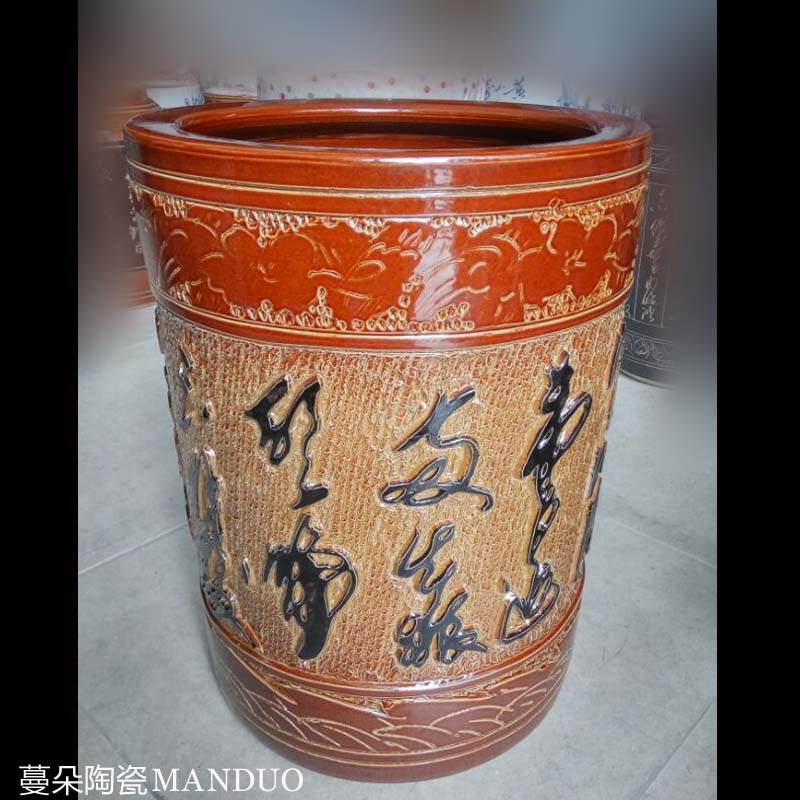 Jingdezhen painting and calligraphy quiver porcelain carving in yellow checking porcelain art barrels of 45 cm high porcelain quiver