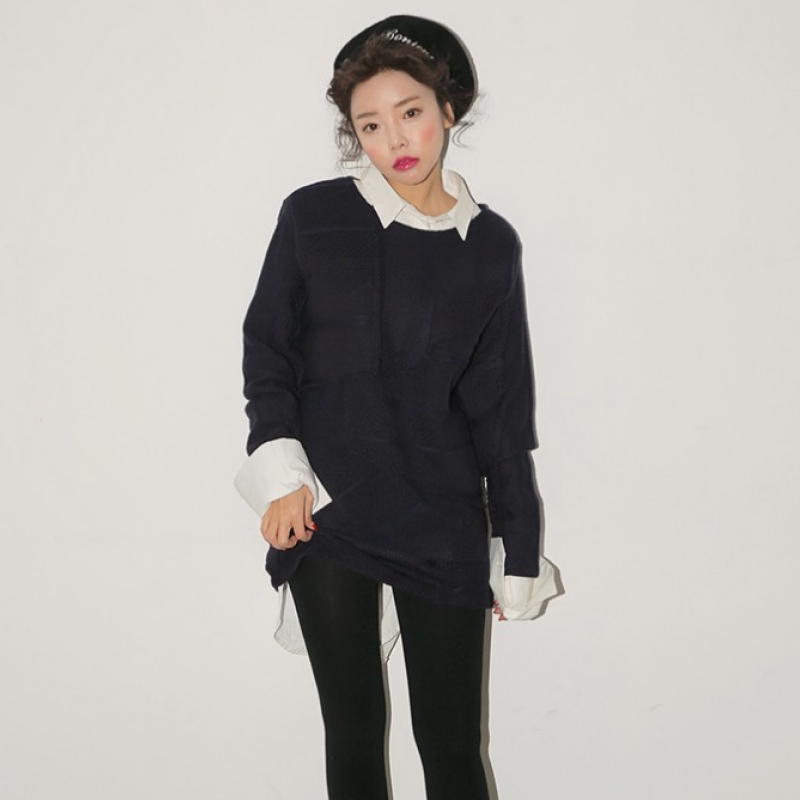 韩国stylenanda官方正品 个性款拼接迷你针织连衣裙-海军蓝色