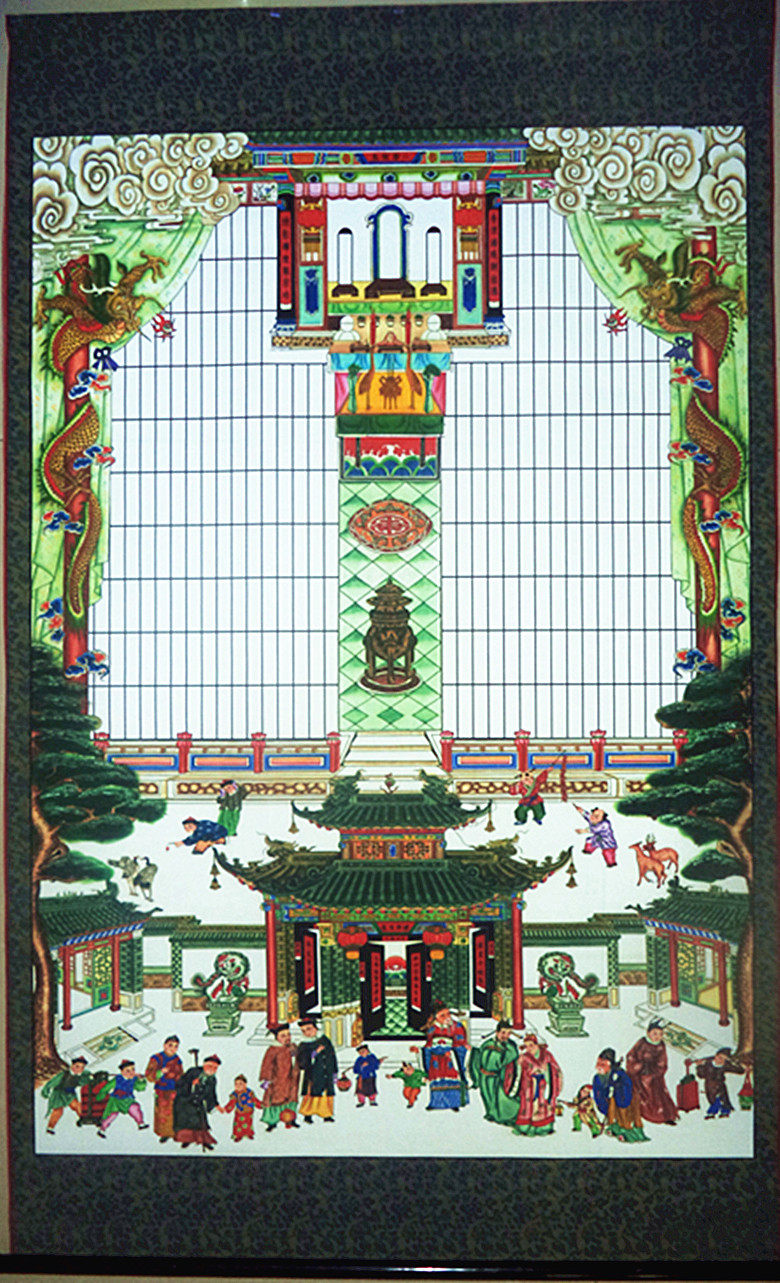 High 125 cm silk cloth large lattice home shaft sub family genealogy picture hanging shaft house Ancestors Year Painting