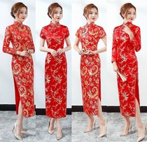 Chinese style welcome dress ribbon cutting annual meeting hosted cheongsam short sleeve long sleeve long brocade slim slim grooming bride toast