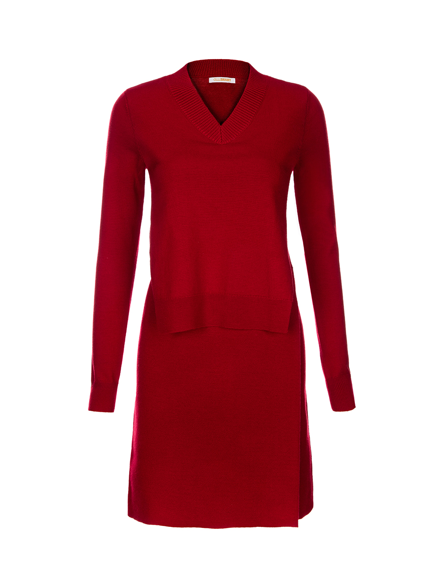 ALLLLLLLBRIGHT 红色V领长袖针织连衣裙