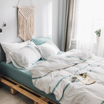 Sun-style minimalist cotton washed cotton four pieces of Nordic wind pure cotton striped quilt cover bed linen bed Hat Bedding