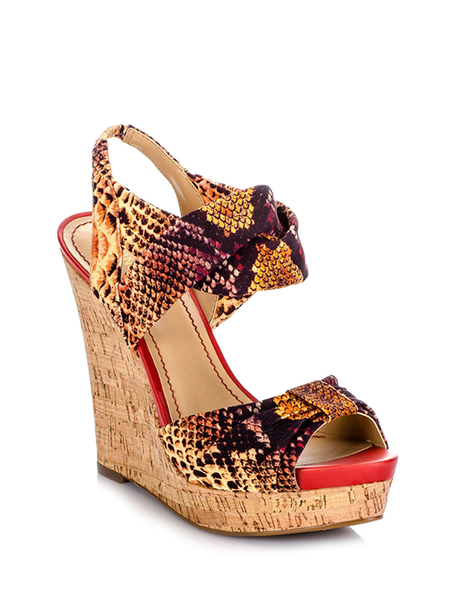 Nine West/玖熙 橙红色蟒蛇纹仿木质坡跟鞋