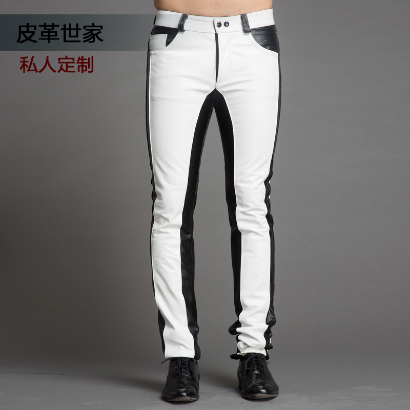 Original design high-end custom colour leather pants male head coat leather autumn winter Han edition repair personality pants cool