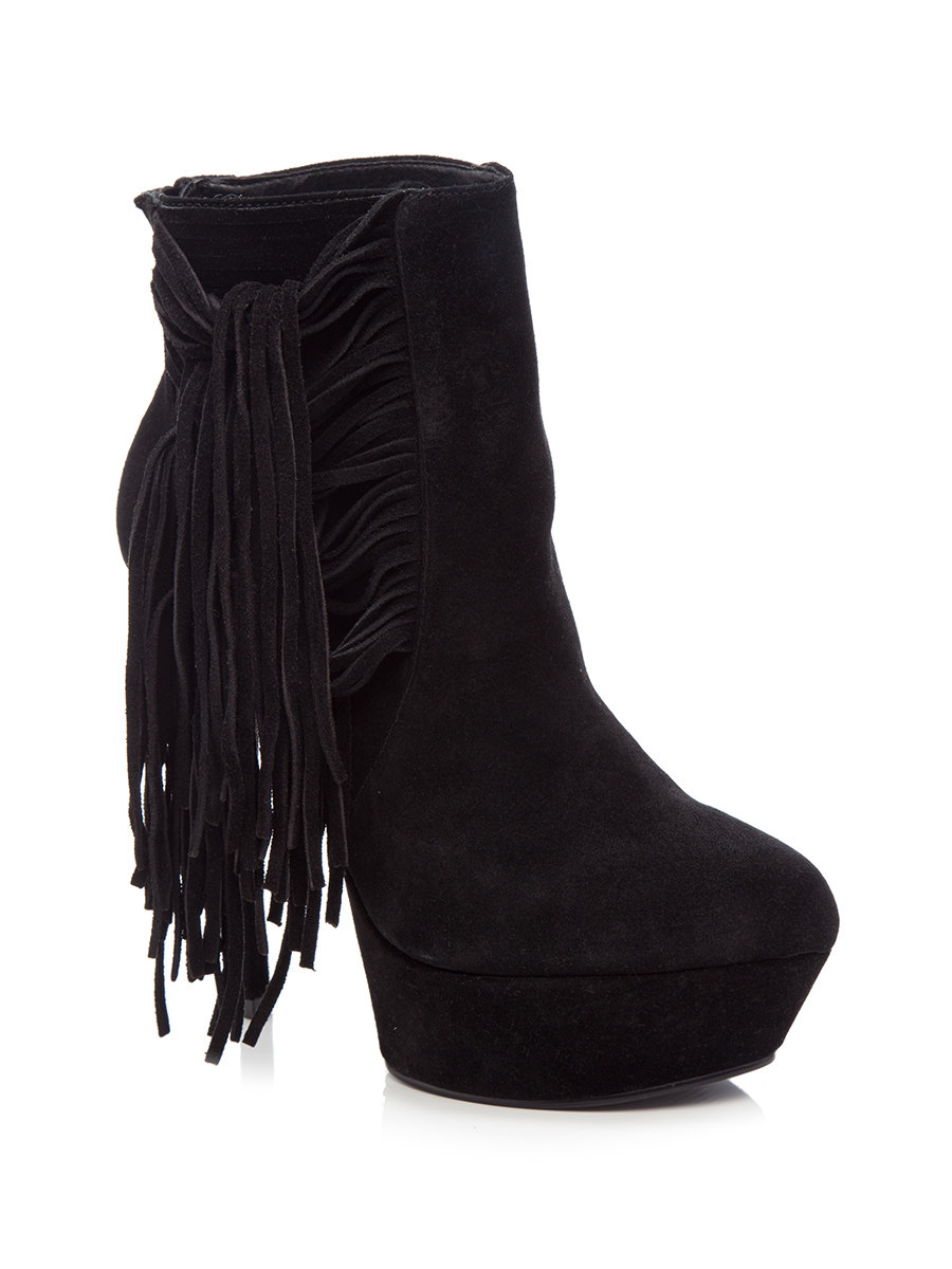 Steve Madden/思美登 黑色麂皮流苏防水台细高跟踝靴