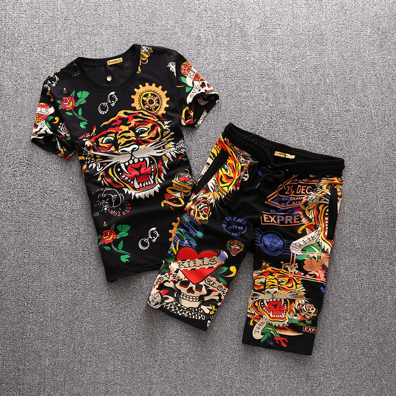 European and American style new men's hot diamond printing tiger head stamp short-sleeved T-shirt shorts fashion casual suit men's fashion