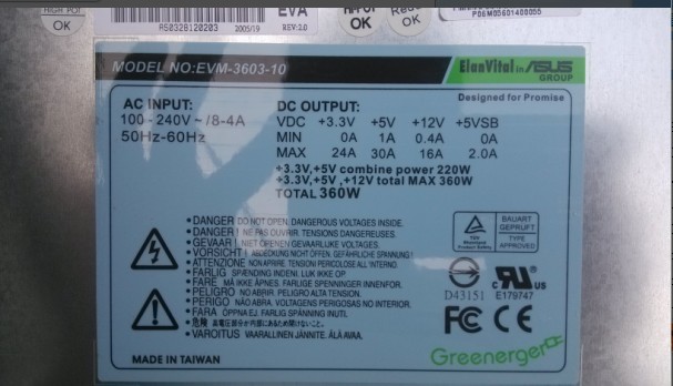 Original ElanVital EVM-3603-10 360W Disk Array Power Supply Shanghai Stock