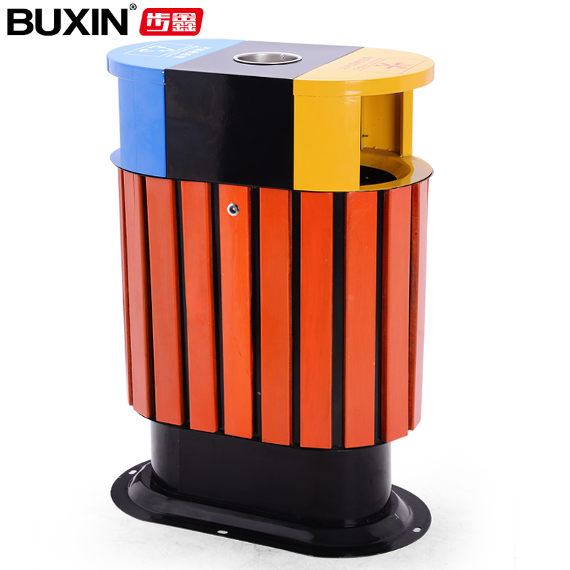 Buxin outdoor steel and wood trash can three-color trash can community sorting fruit peel box available from stock