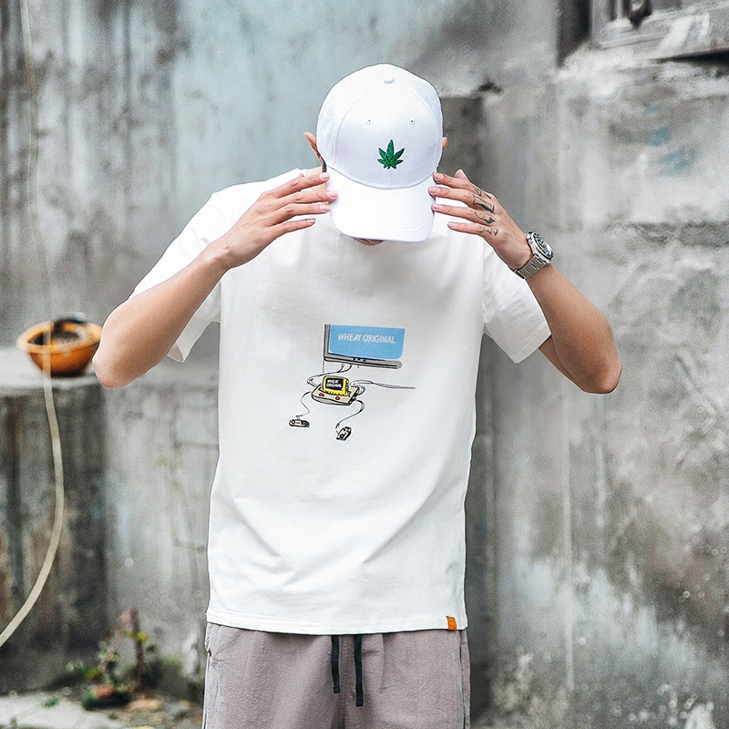 小麦一番 原创日系街机少年圆领宽松纯棉短袖T恤印花短袖潮男上衣