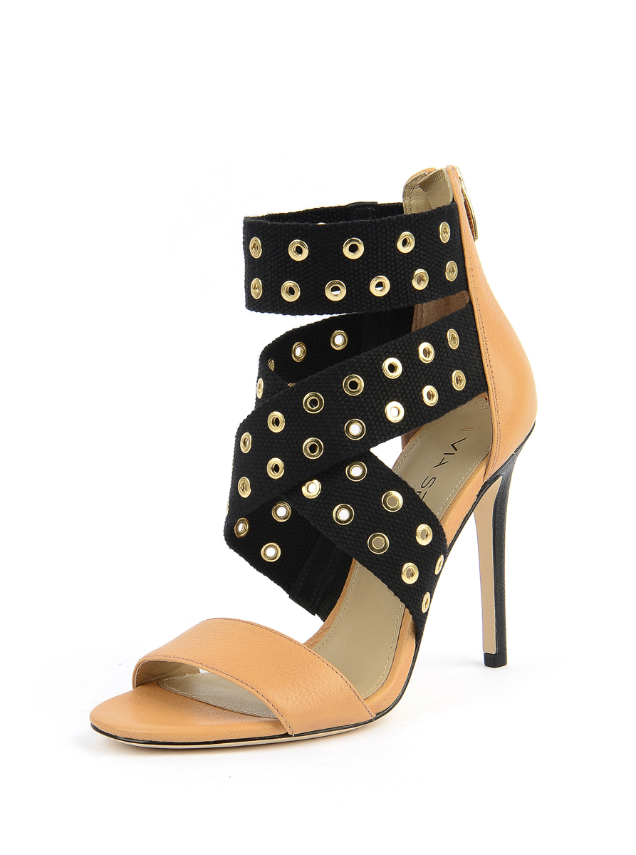 Via Spiga 黑裸拼色钉扣交叉搭带高跟鞋