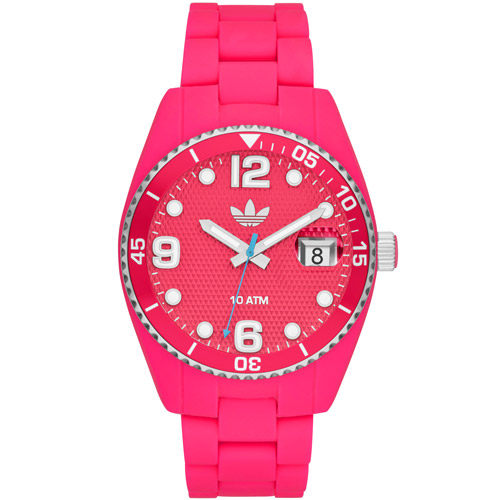 台湾官网直邮进口adidas Brisbane 彩色摇滚格纹矽胶腕表-萤光桃A
