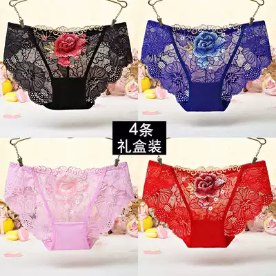 Sexy panties women's summer thin breathable ultra-thin transparent lace embroidery large size women's pants sex confusion passion