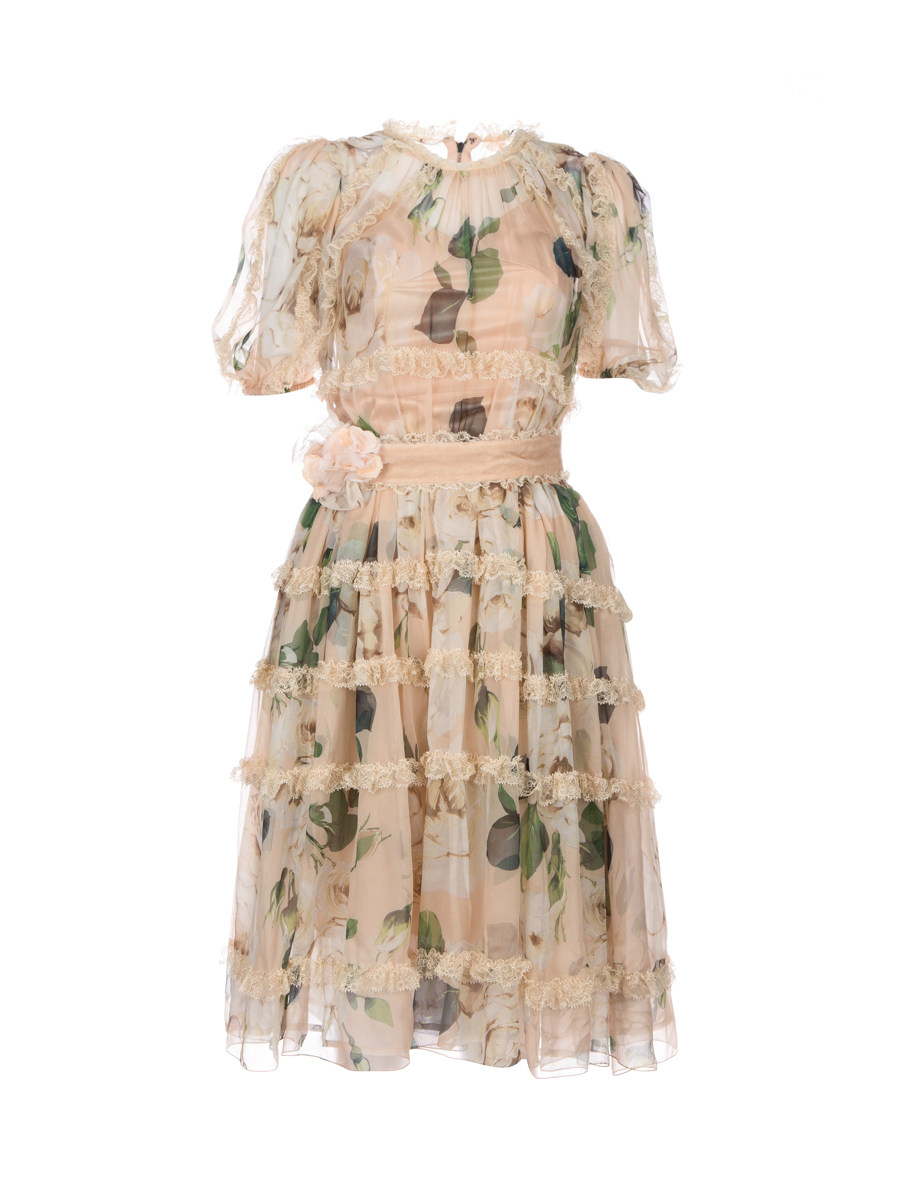 Dolce&Gabbana 粉色印花饰蕾丝轻礼服