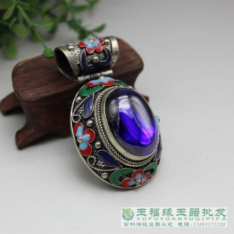 Antique miscellaneous collection Foot silver baked blue cloisonne inlaid with blue zircon pendant Pendant accessories