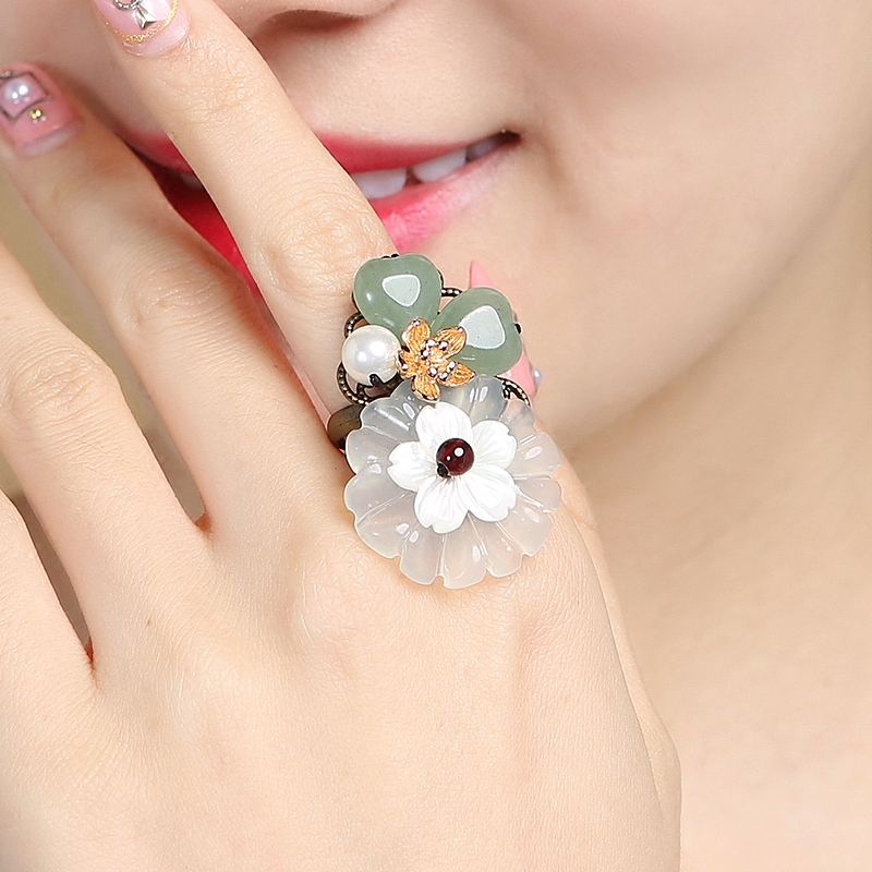 Pure Ornament Opening Ring Decoration Ring Female Tail Ring East Mausoleum Jade Little Fresher Art Fan Retro Fashion Tide