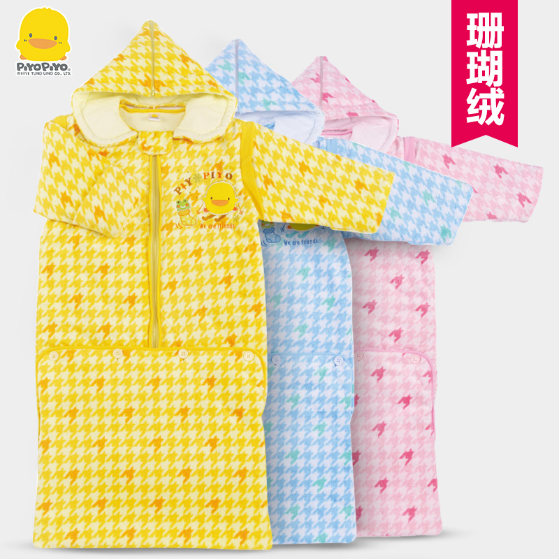 新品黄色小鸭珊瑚绒千鸟格睡袋32149婴儿睡袋儿童睡袋 秋冬加厚款