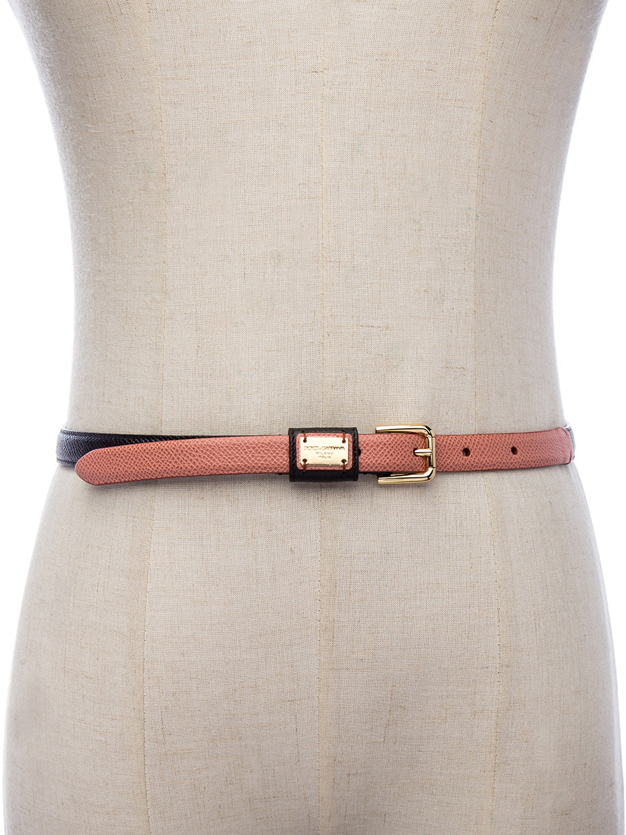 Dolce&Gabbana 橘粉拼棕铭牌针扣细腰带