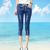 Denim 70% mid pants female summer thin section 2022 Korean version High waist pencil pants dark elastic female style horse pants breaking pants