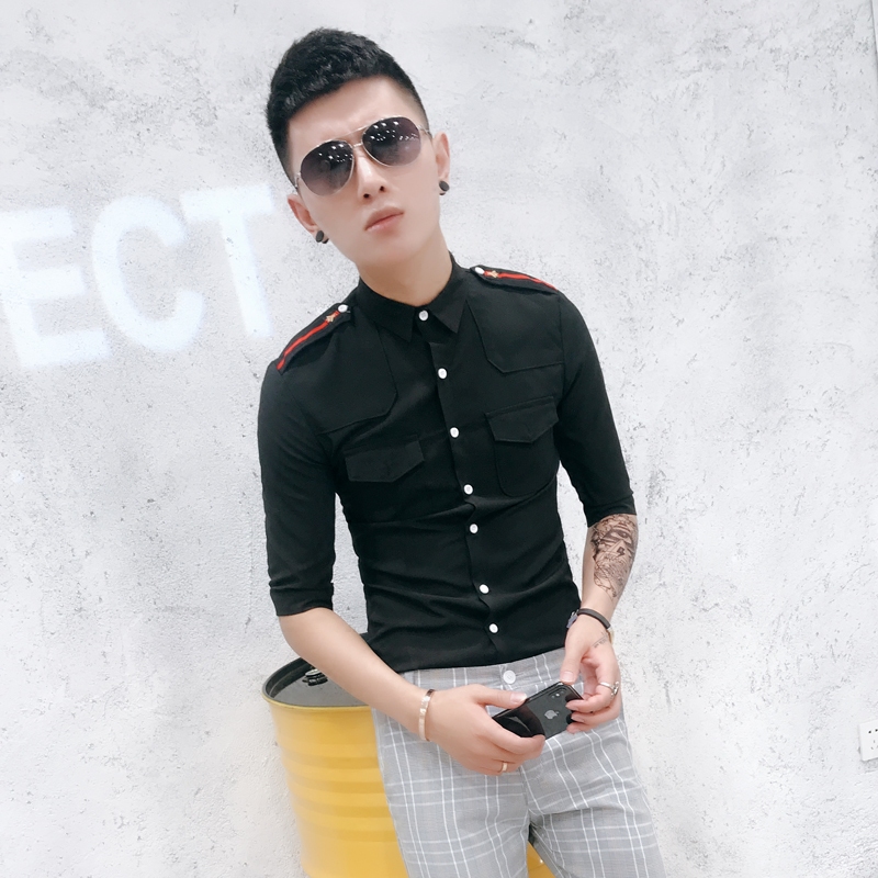 Hair stylist air junior middle-sleeved uniform male model shirt bar work clothes trendy men's decoration body short 7 minutes sleeve shirt