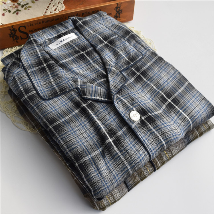 中老年男士春夏空调服睡衣 爸爸款全棉双层纱格子薄款家居服套装