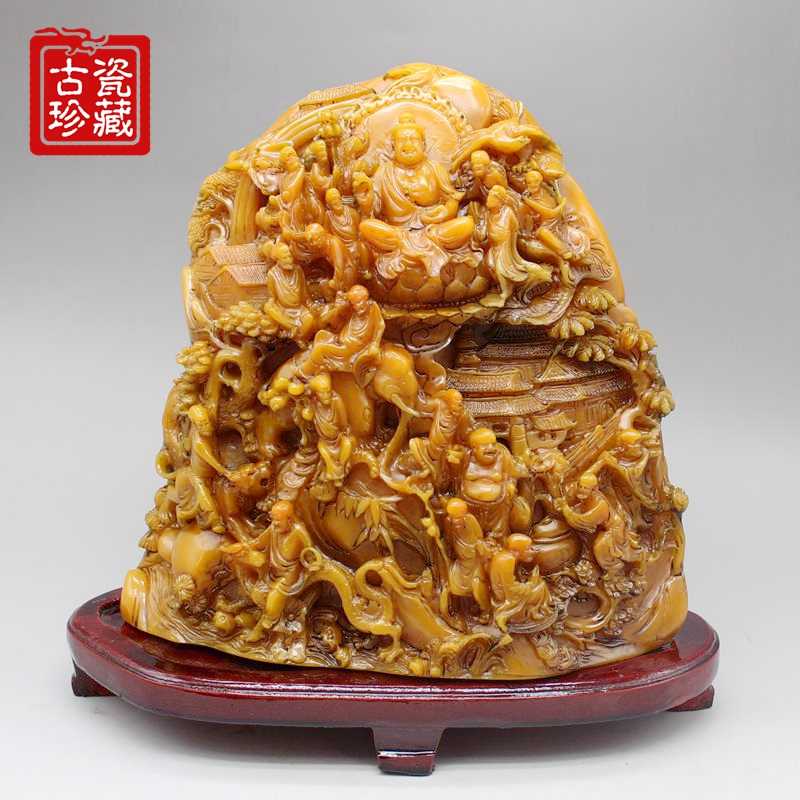 中国古美術・珍蔵箱付・寿山石極細工彫刻龍印・十八羅漢・風水