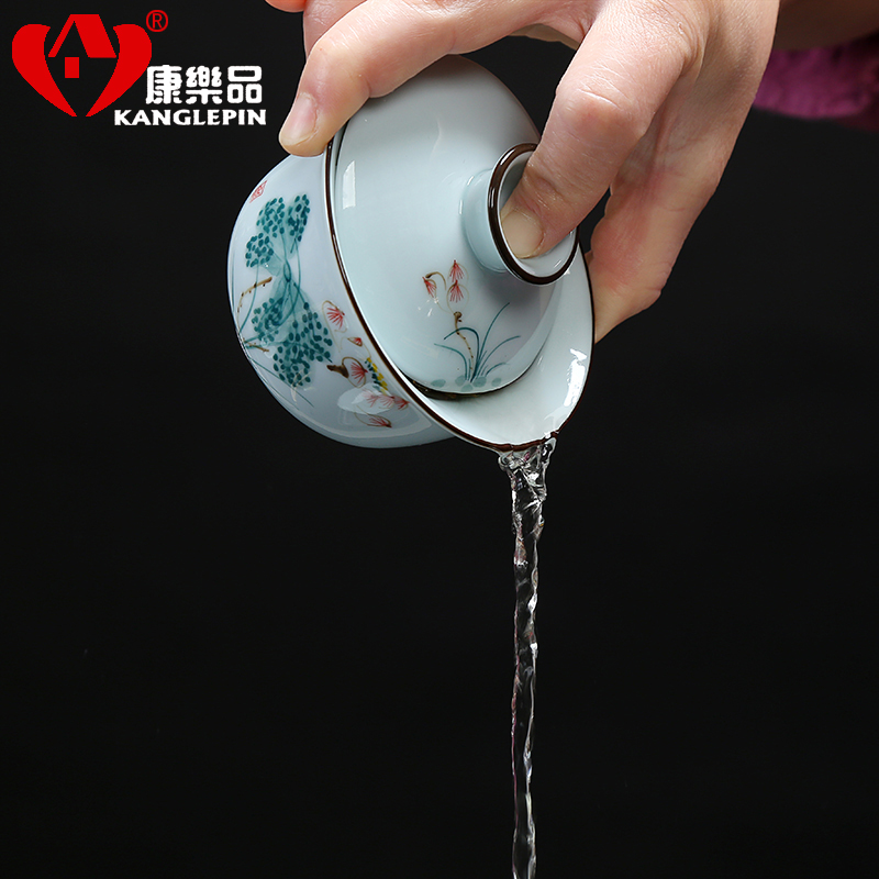 Recreational product ceramic tureen tea cups to use large kung fu tea set hand draw three bowl of tea celadon household