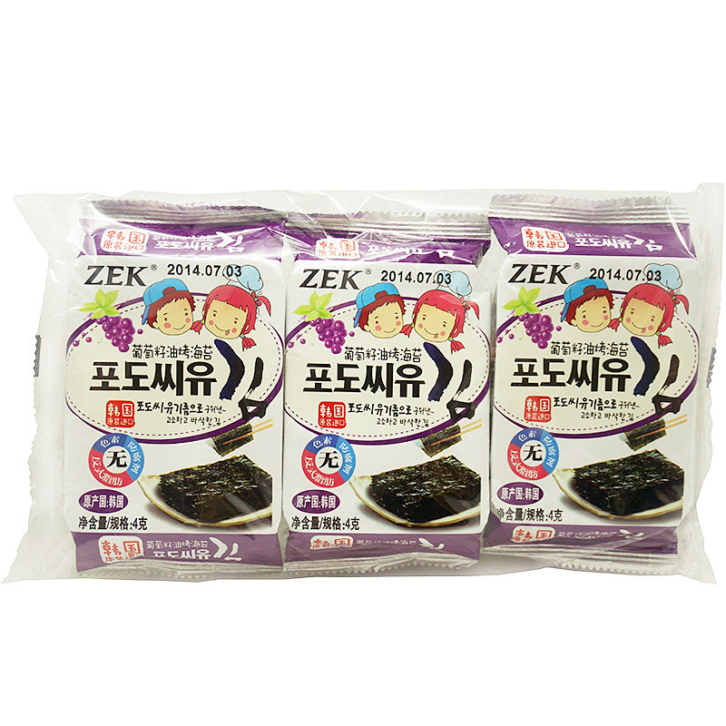 【天猫超市】韩国进口海苔 ZEK葡萄籽油烤海苔12g/包 休闲零食