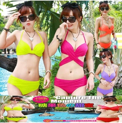 Phiên bản Hàn Quốc luôn thay đổi cách mặc bikini màu huỳnh quang hỗ trợ áo tắm quây ngực áo tắm ngực hoa hồng đỏ tím gợi cảm - Bikinis