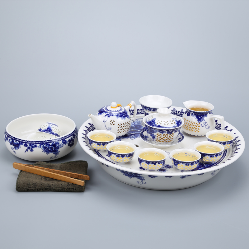 Celadon household ceramic kung fu tea set a complete set of tea cups teapot double ceramic tea tray of blue and white porcelain tea set