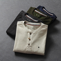 Foreign trade original single tail single men Henry collar long sleeve T-shirt large size plaid button half open round neck long sleeve T-shirt