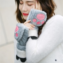 Cartoon gloves female winter Korean version plus velvet half finger flap cat claw full finger gloves warm couple student plush gloves