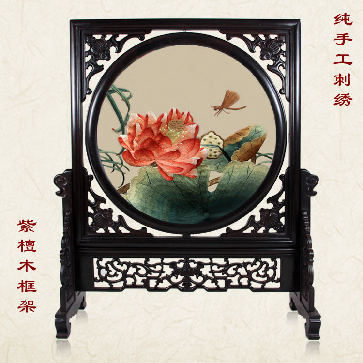 Ou embroidery lotus lotus decorative painting antique wood carving solid wood carving double-sided embroidery pure hand embroidery handicraft decoration
