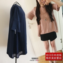 (This is the quality) Exit Japanese lotus leaf edge 50% sleeves Long-style lace splicing cotton t-shirt blouses